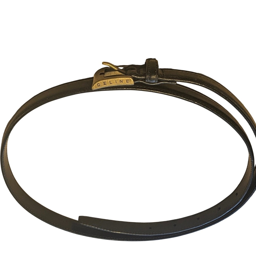 90s Celine Vintage Minimalist Black Leather Slim Belt Gold Logo Made in Italy L - Picture 2 of 7